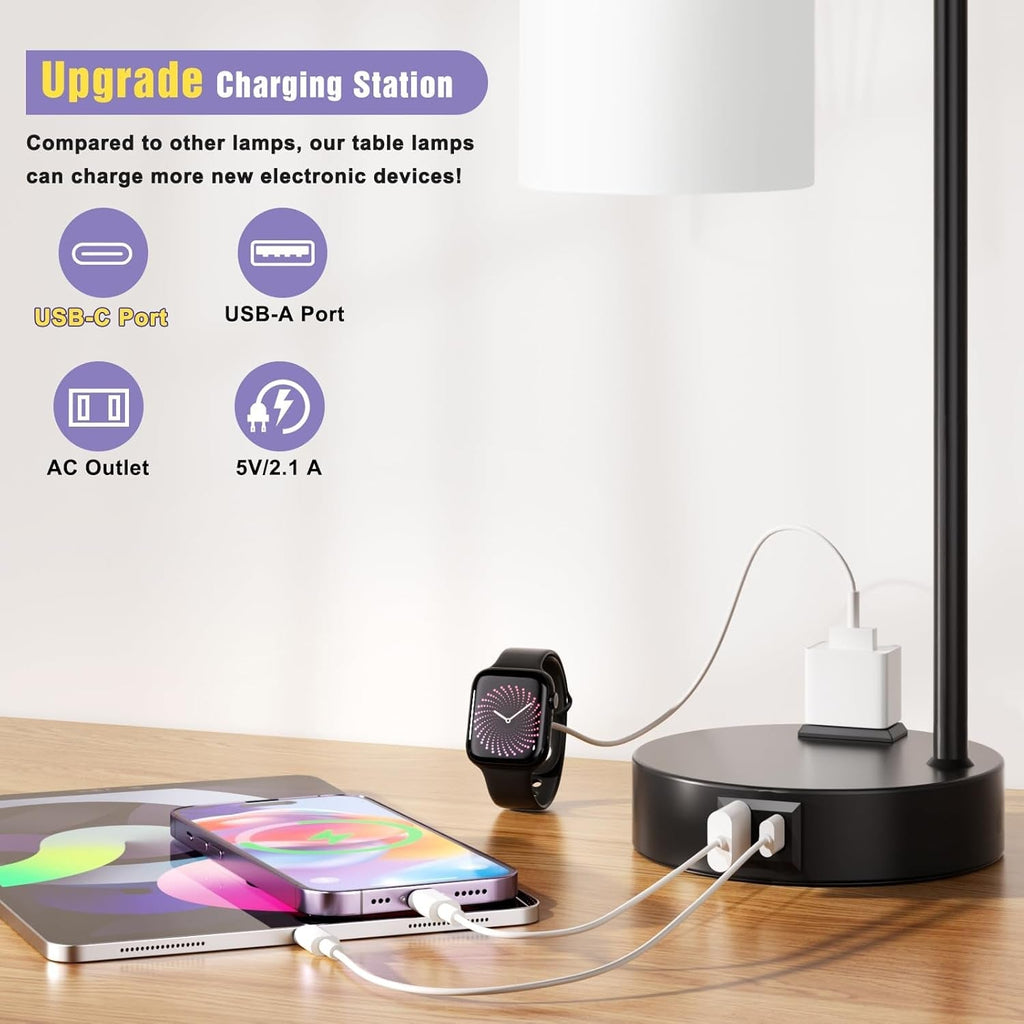 Industrial Touch Bedside Lamps 3-Way Dimmable USB-C