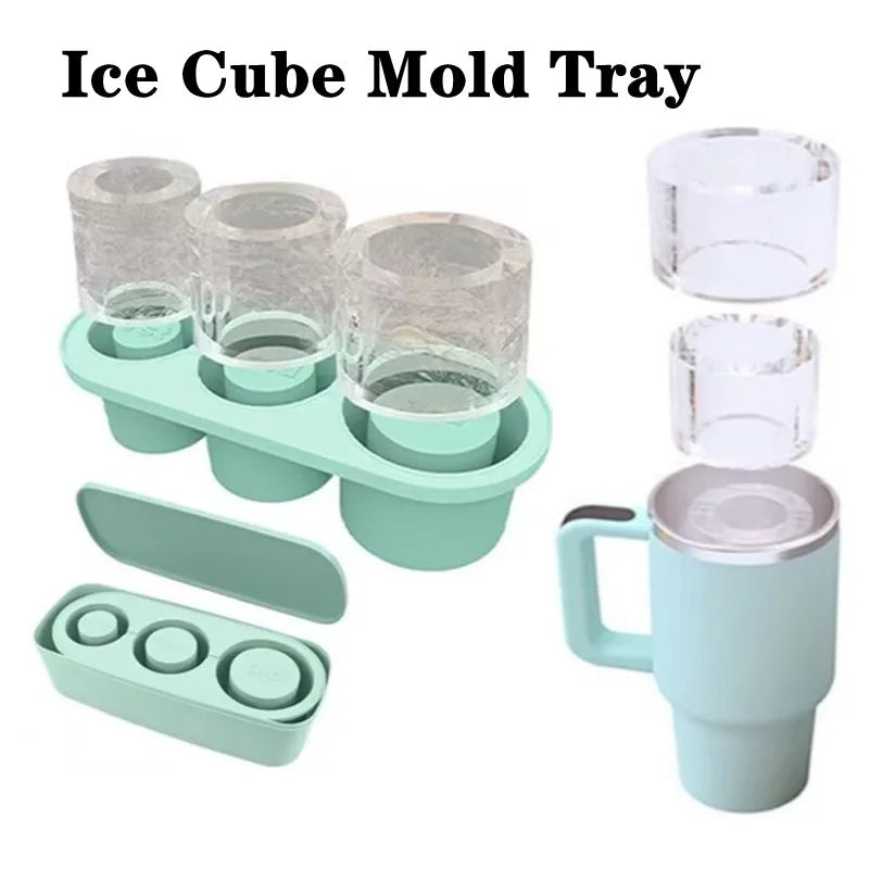 3-Grid Ice Cube Tray For Stanley 30/40 Oz Tumbler Cups Reusable Cylinder Silicone Ice Cube Molds With Lid For Drink Juice Coffee