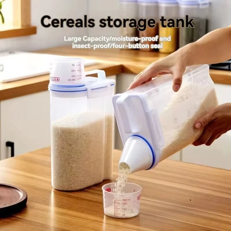 【Hot sales】1pc Rice And Grains Food Storage Canister With Measuring Cup, Storage Canister With Measuring Cu