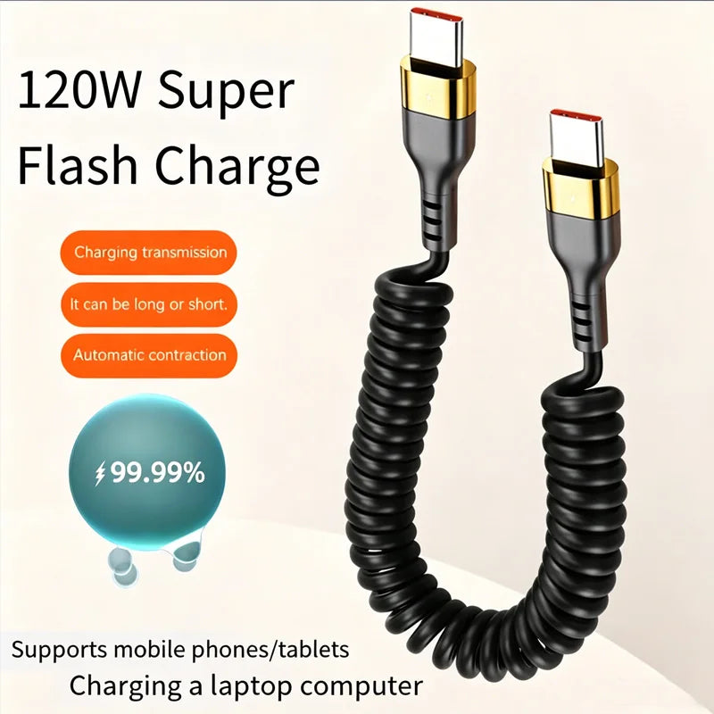 Retractable 120W PD Fast Charging USB-C To USB-C Spring