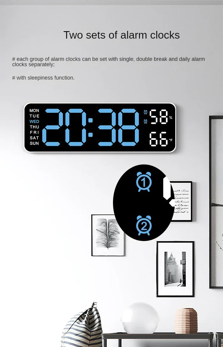 Large Digital Wall Clock Temperature and Humidity Week Display Brightness Adjustable Electronic LED Table Alarm Clock 12/24H