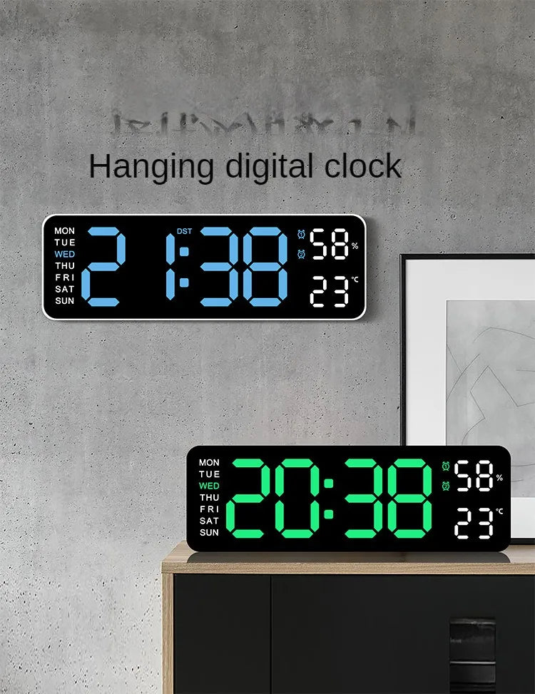 Large Digital Wall Clock Temperature and Humidity Week Display Brightness Adjustable Electronic LED Table Alarm Clock 12/24H