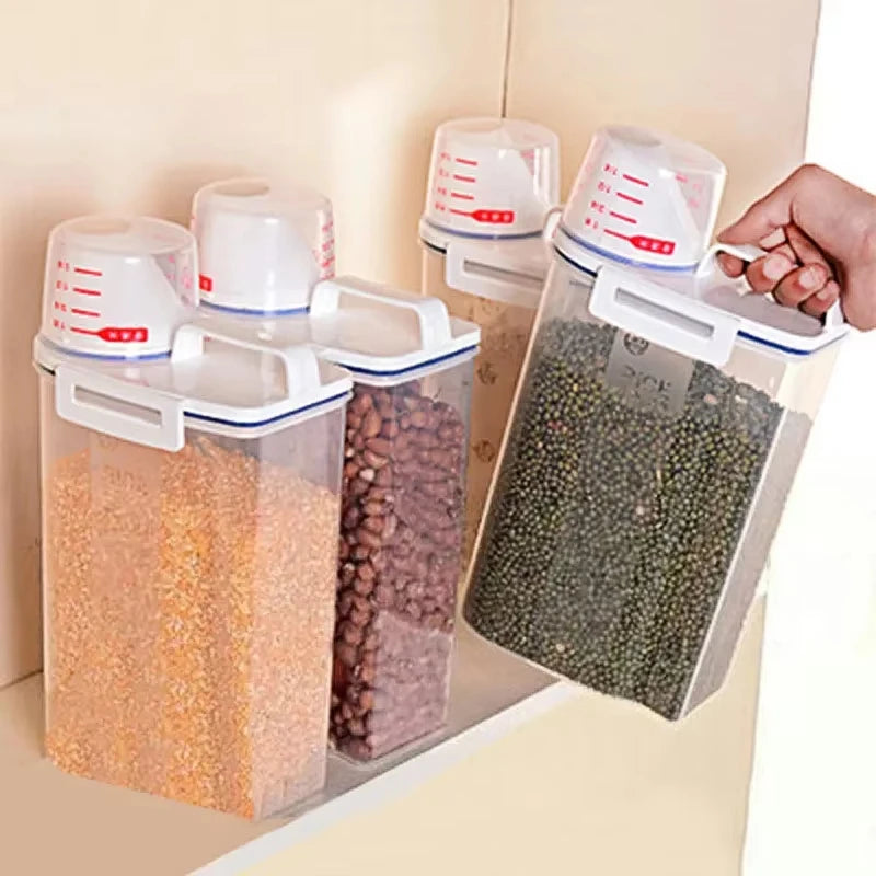 【Hot sales】1pc Rice And Grains Food Storage Canister With Measuring Cup, Storage Canister With Measuring Cu
