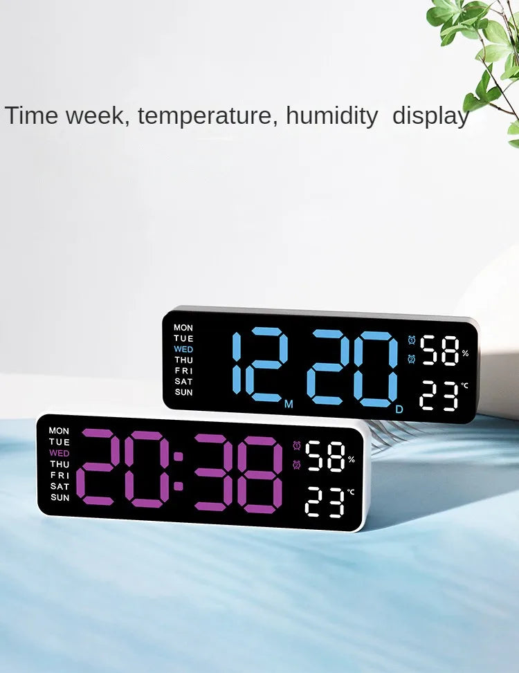 Large Digital Wall Clock Temperature and Humidity Week Display Brightness Adjustable Electronic LED Table Alarm Clock 12/24H