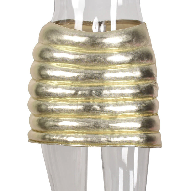 Champagne Women's Puffer Skirt Metallic Shiny Warm Quilted Mini A-line