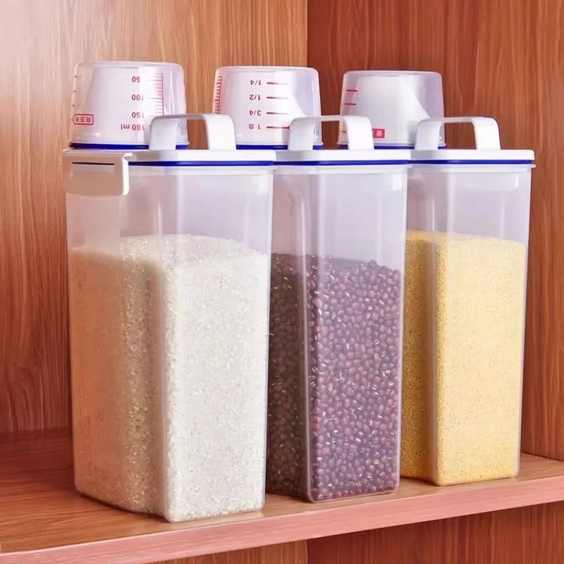 【Hot sales】1pc Rice And Grains Food Storage Canister With Measuring Cup, Storage Canister With Measuring Cu