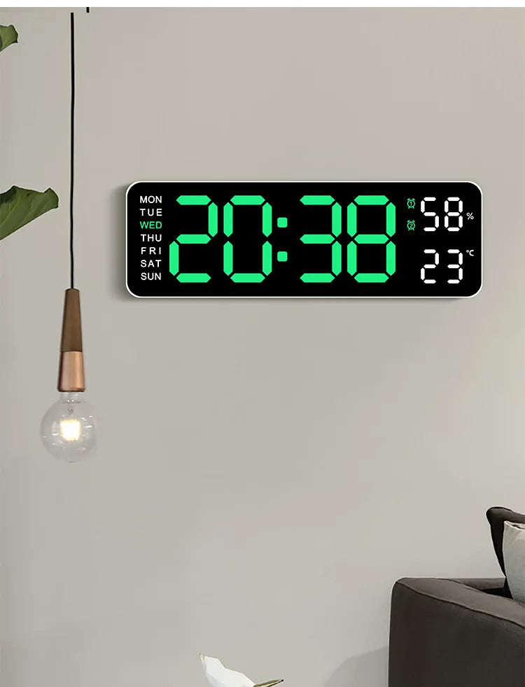 Large Digital Wall Clock Temperature and Humidity Week Display Brightness Adjustable Electronic LED Table Alarm Clock 12/24H