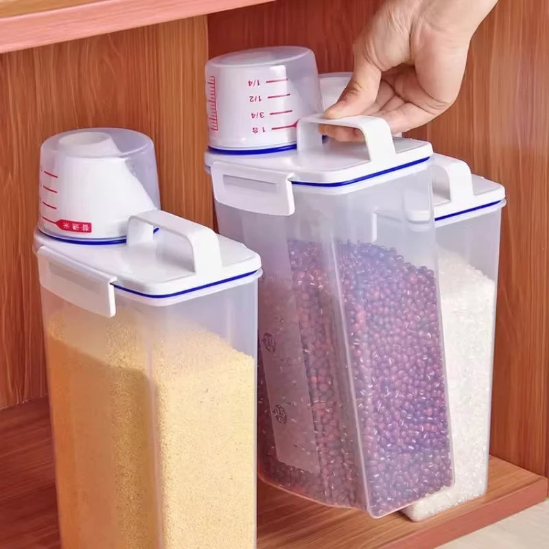 【Hot sales】1pc Rice And Grains Food Storage Canister With Measuring Cup, Storage Canister With Measuring Cu