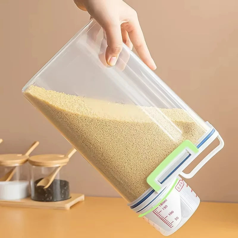 【Hot sales】1pc Rice And Grains Food Storage Canister With Measuring Cup, Storage Canister With Measuring Cu