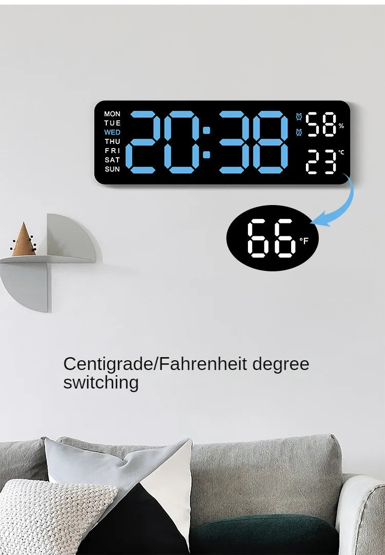 Large Digital Wall Clock Temperature and Humidity Week Display Brightness Adjustable Electronic LED Table Alarm Clock 12/24H