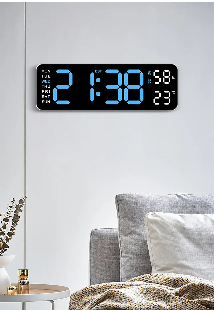 Large Digital Wall Clock Temperature and Humidity Week Display Brightness Adjustable Electronic LED Table Alarm Clock 12/24H