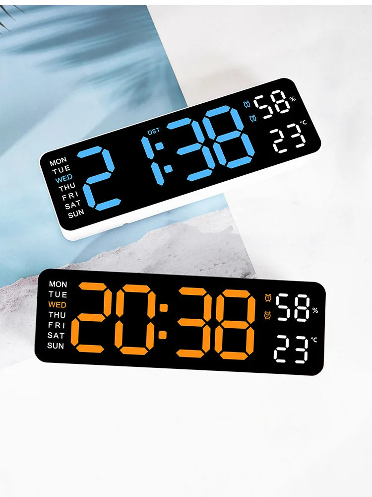 Large Digital Wall Clock Temperature and Humidity Week Display Brightness Adjustable Electronic LED Table Alarm Clock 12/24H