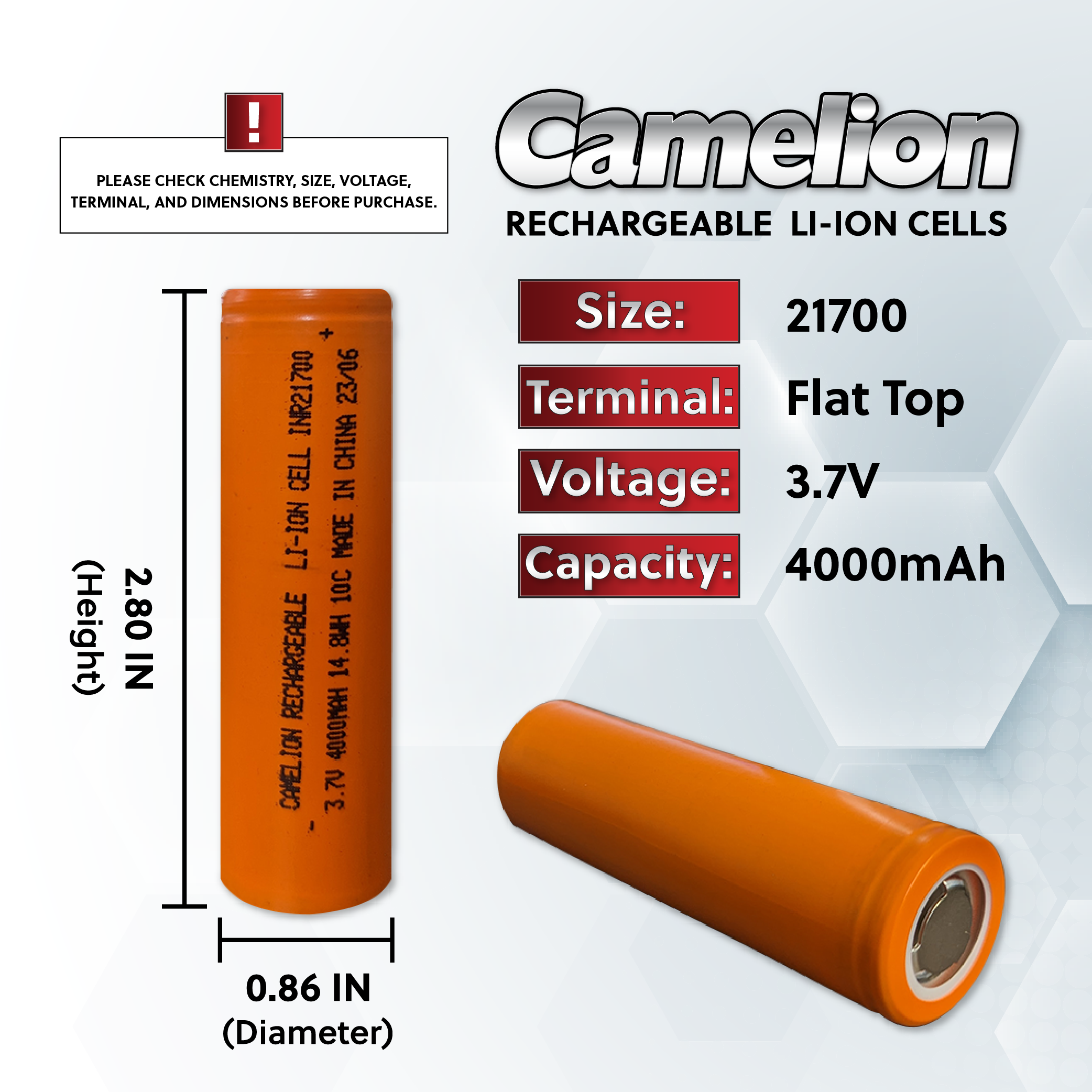 Camelion 21700 4000mAh Li-Ion Protected Cell - Rechargeable Battery