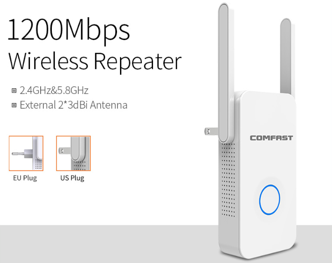 1200Mbps Dual-Band WiFi Extender Repeater – 2.4GHz & 5GHz, AP/Router/Repeater Mode