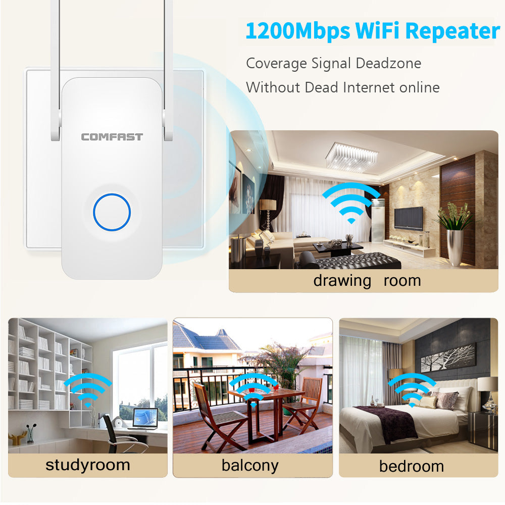 1200Mbps Dual-Band WiFi Extender Repeater – 2.4GHz & 5GHz, AP/Router/Repeater Mode