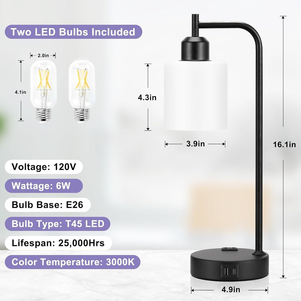 Industrial Touch Bedside Lamps 3-Way Dimmable USB-C
