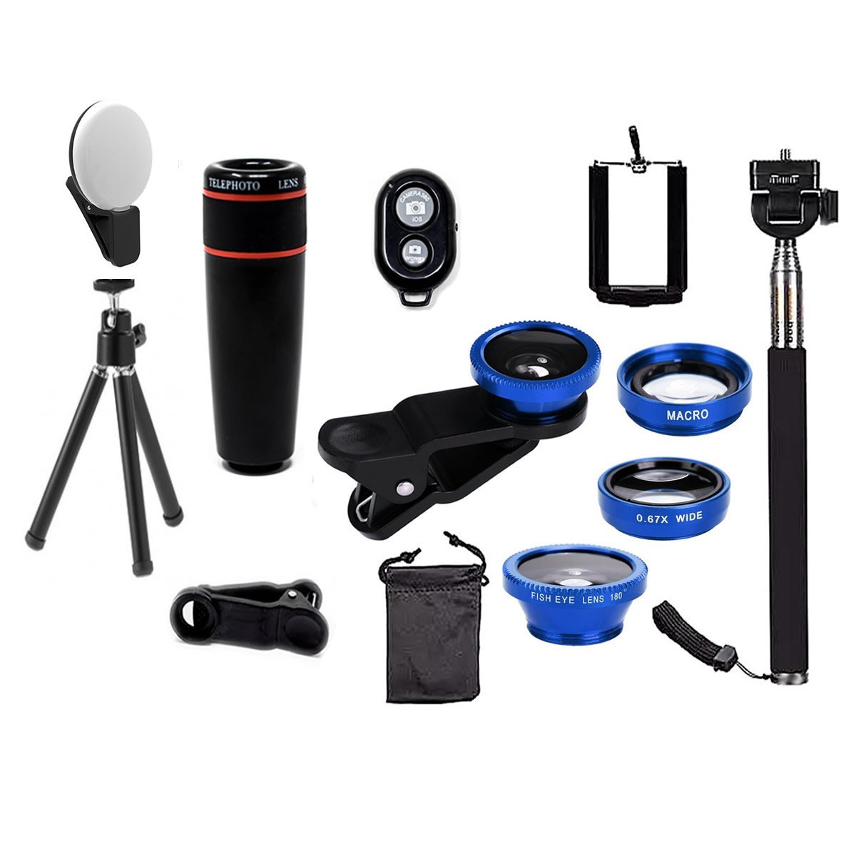 Smartphone Camera Lens Kit 11-in-1 – Wide Angle, Macro, Fisheye, 8x Zoom + Selfie Stick