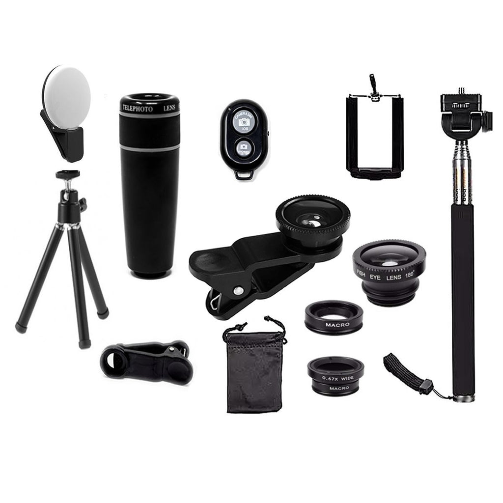 Smartphone Camera Lens Kit 11-in-1 – Wide Angle, Macro, Fisheye, 8x Zoom + Selfie Stick