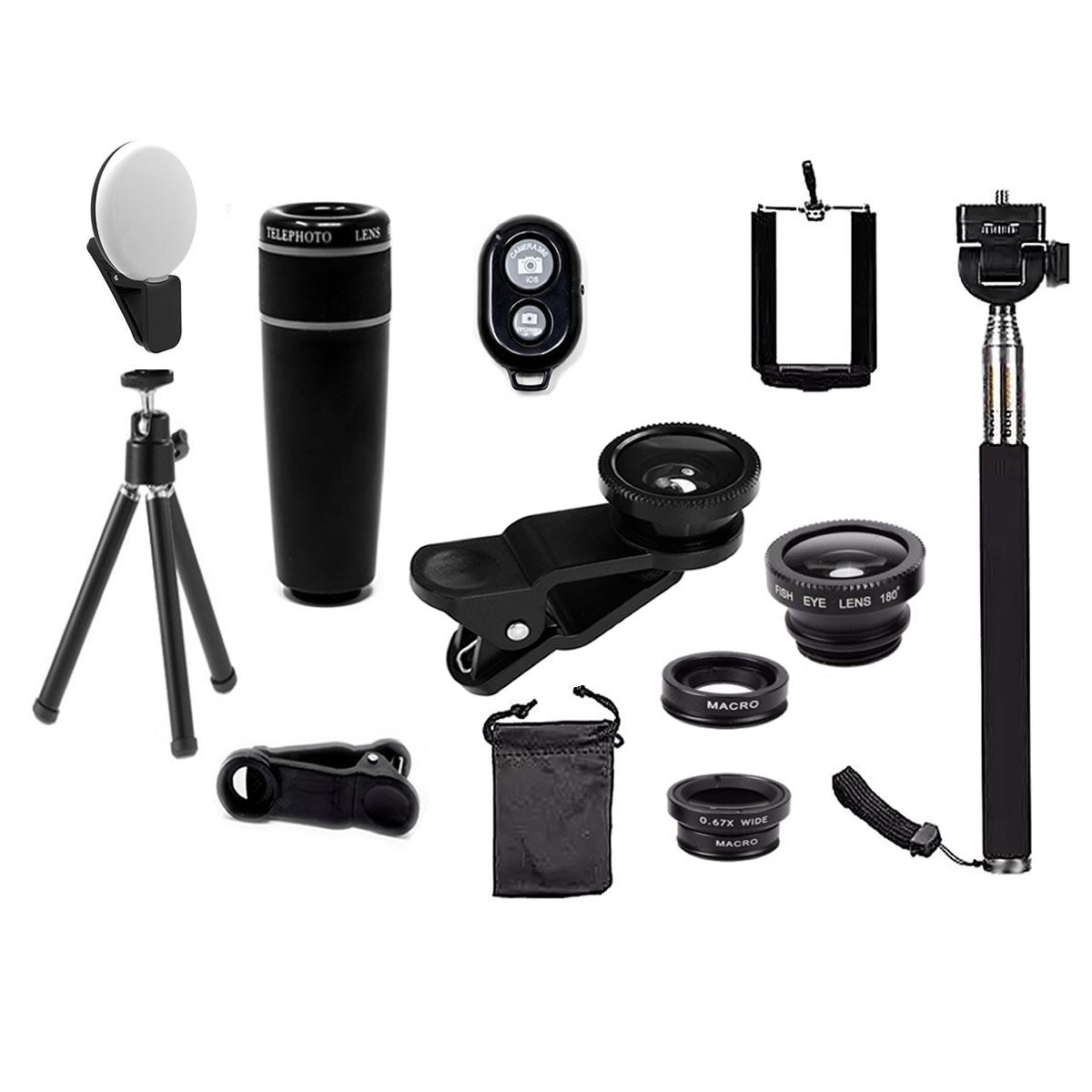 Smartphone Camera Lens Kit 11-in-1 – Wide Angle, Macro, Fisheye, 8x Zoom + Selfie Stick
