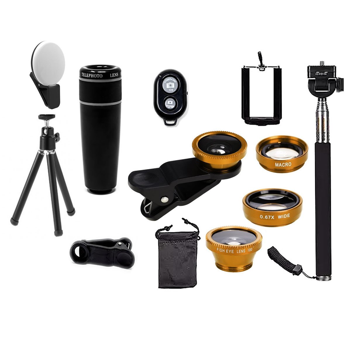 Smartphone Camera Lens Kit 11-in-1 – Wide Angle, Macro, Fisheye, 8x Zoom + Selfie Stick