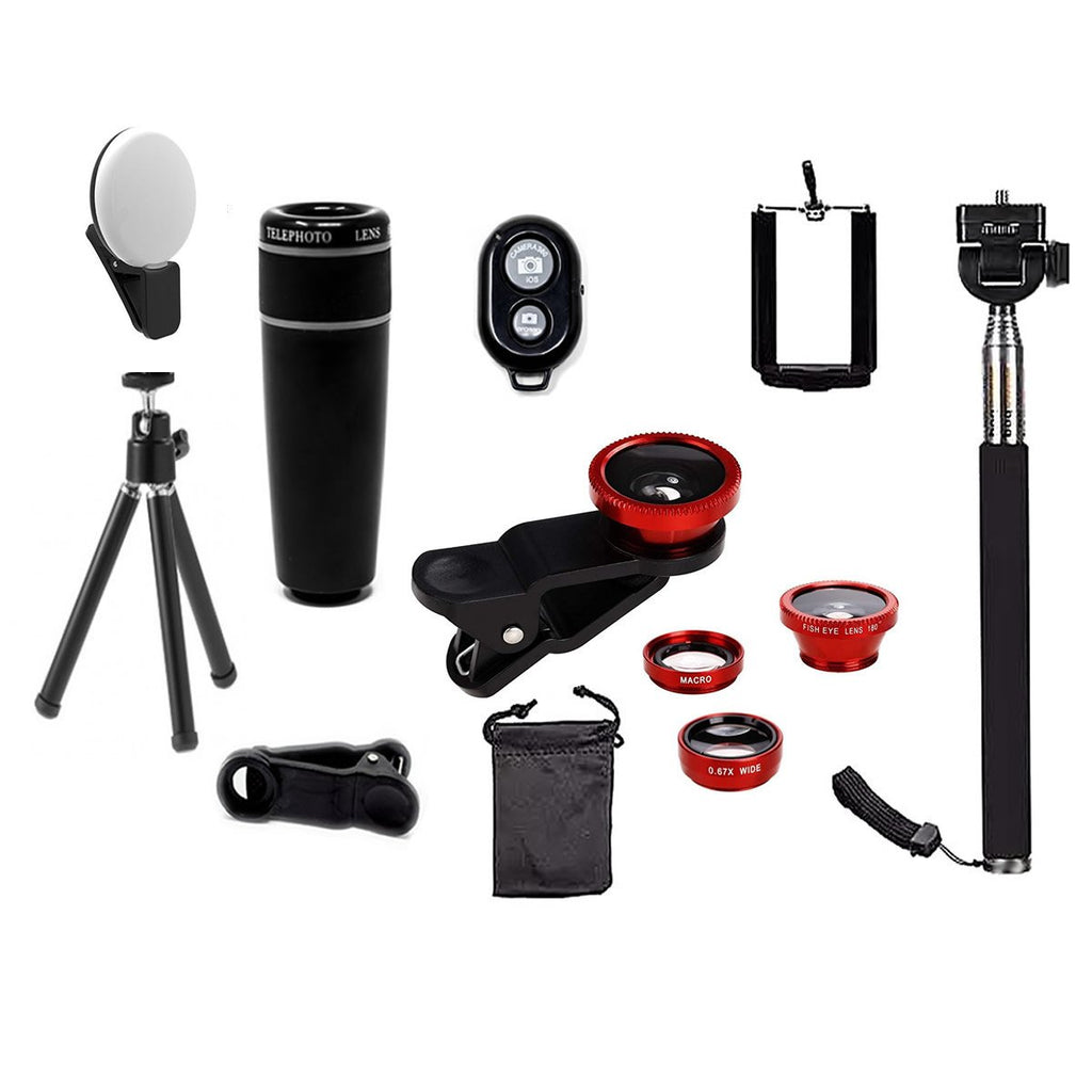Smartphone Camera Lens Kit 11-in-1 – Wide Angle, Macro, Fisheye, 8x Zoom + Selfie Stick