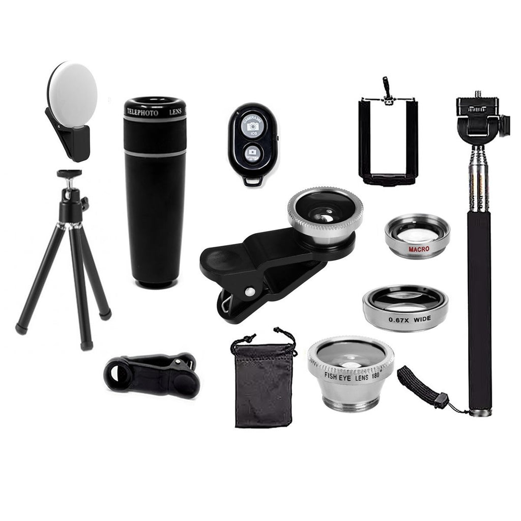 Smartphone Camera Lens Kit 11-in-1 – Wide Angle, Macro, Fisheye, 8x Zoom + Selfie Stick