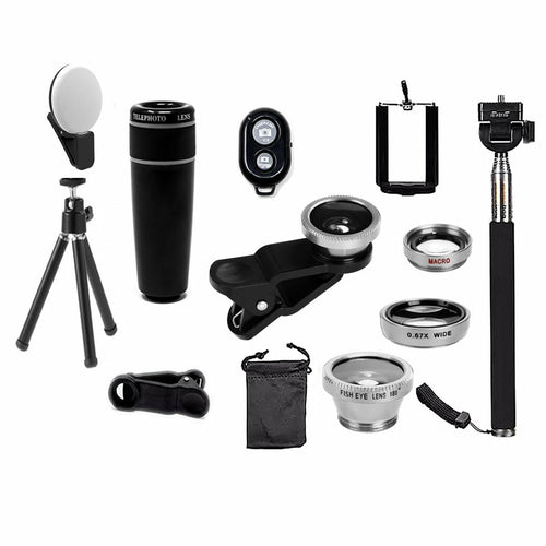 Smartphone Camera Lens Kit 11-in-1 – Wide Angle, Macro, Fisheye, 8x Zoom + Selfie Stick